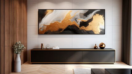 Interior of modern bathroom with white walls, concrete floor, black bathtub with gold sink and mirror.