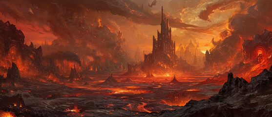 Apocalyptic Red Landscape with Lava and Ash