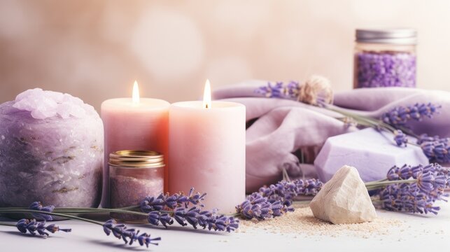  a table topped with candles and lavenders next to a pile of rocks and a pile of soap cubes.