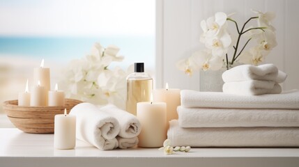  a table topped with lots of white towels next to a vase filled with flowers and a bottle of lotion.