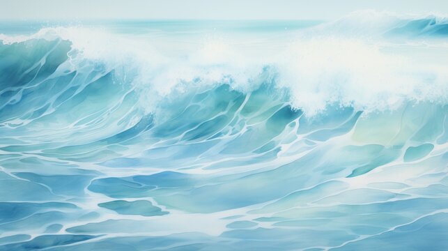  a painting of a wave in the ocean with a blue sky in the background and a light blue sky in the foreground.