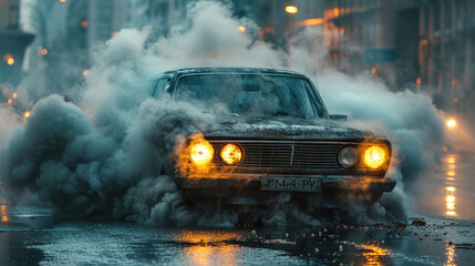 Vintage car emitting smoke on a wet urban road. - obrazy, fototapety, plakaty