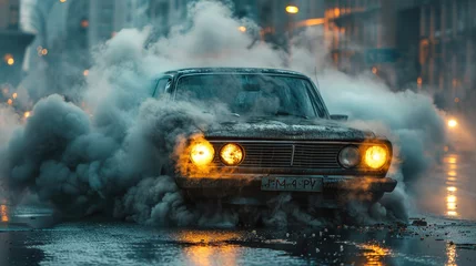 Foto auf Glas Vintage car emitting smoke on a wet urban road. © Tiz21