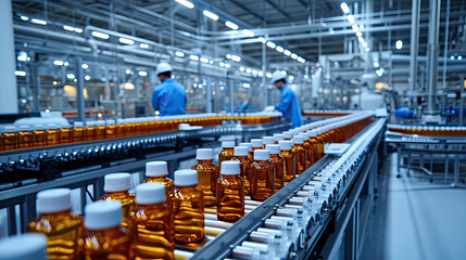 Bottles on a modern pharmaceutical conveyor.