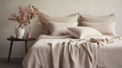  a bed with a white comforter and pillows and a vase with pink flowers on a table next to it.