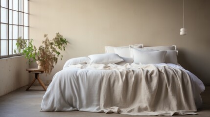  a bed with white sheets and pillows in a room with a potted plant on the side of the bed.