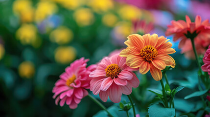 Obraz premium A cluster of colorful flowers in a lush garden setting.
