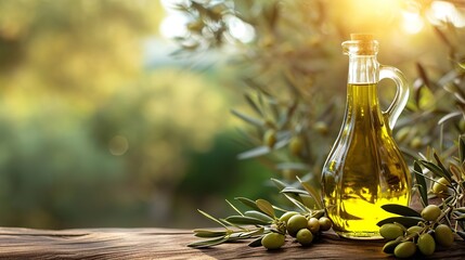 Olive oil and olive branches on a wooden table, on a blurred background of an olive grove, banner, space for text. Generated AI