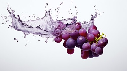  a bunch of grapes with water splashing out of them on a white background with a splash of water on the top of the grapes.