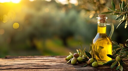 Olive oil and olive branches on a wooden table, on a blurred background of an olive grove, banner, space for text. Generated AI