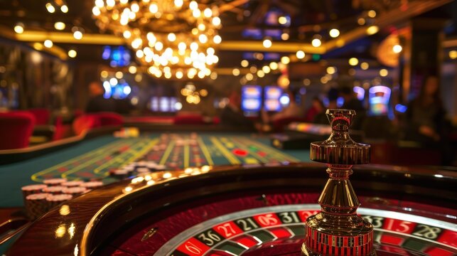 Casino roulette table in casino. Casino Roulette Wheel in Motion. Casino concept with copy space. . Gambling concept. Casino roulette wheel with motion blur background.