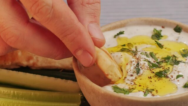 Greek Tzatziki sauce of salted strained yogurt or diluted yogurt mixed with cucumbers and mint, garlic, salt, olive oil on top.