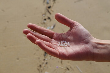 A man shows some small plastic bubbles in his hand after collecting them on the beach. Cap Ferret - France - January 23, 2024.
