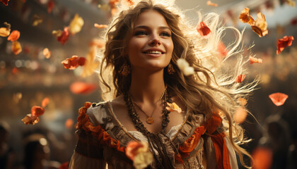 Naklejka premium Smiling woman enjoying nature, radiating beauty and happiness generated by AI