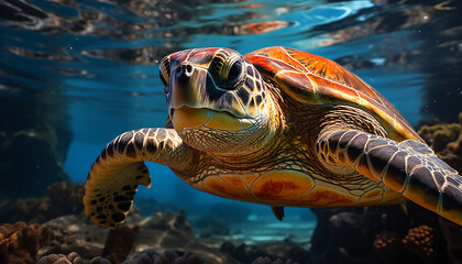Naklejka na ściany i meble A beautiful green sea turtle swimming in the tropical reef generated by AI
