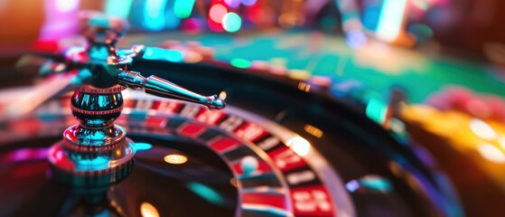 Casino roulette table in casino. Casino Roulette Wheel in Motion. Casino concept with copy space. . Gambling concept. Casino roulette wheel with motion blur background. - obrazy, fototapety, plakaty