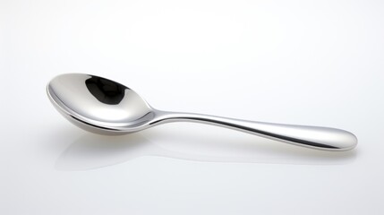  a close up of a spoon on a white surface with a reflection of the spoon on the side of the spoon.