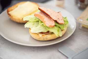 Delicious healthy sandwich for a snack breakfast in men's hands. Toast bread tomato ham leaf salad