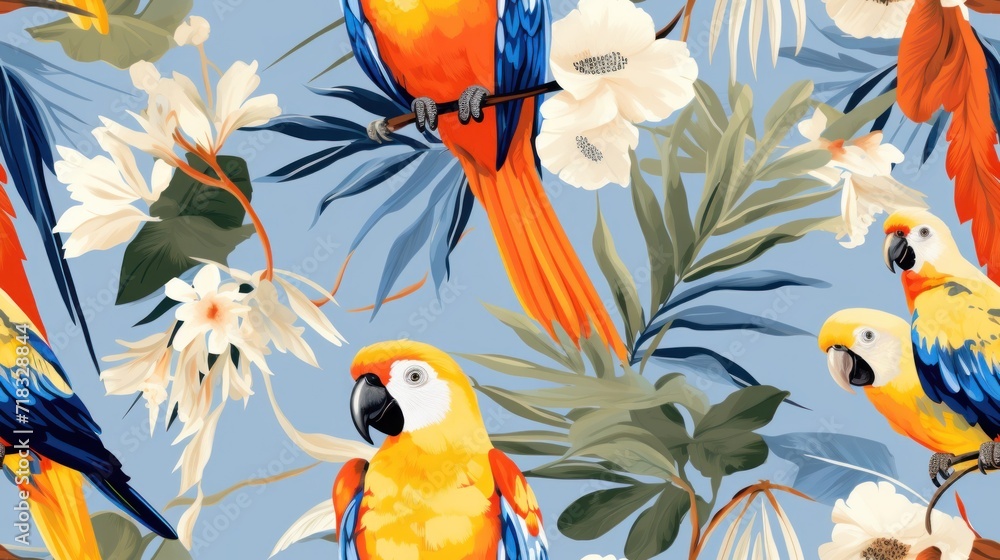 Poster  a group of parrots sitting on top of a tree branch next to white flowers and palm leaves on a blue sky background.