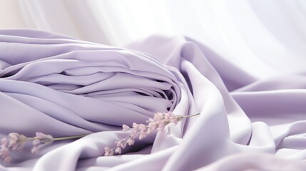 a close up of a bed with a purple comforter and a flower on the end of the comforter.
