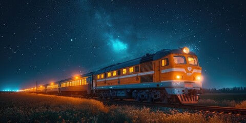 Fototapeta na wymiar Wide angle close-up shot of a train moving across the landscape at dusk