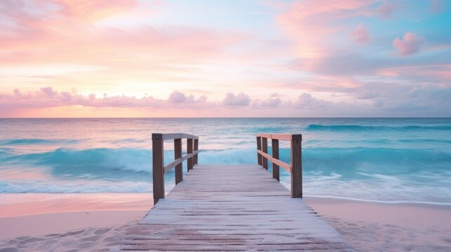 Fototapeta  a wooden pier leading to the ocean with waves crashing on the shore and a pink and blue sky in the background.