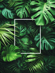  Tropical jungle palm leaves with frame or border  in the middle  Background.