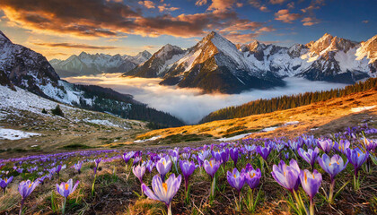 Fioletowe krokusy na polanie w górach, krajobraz	
