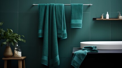  a bath room with a bath tub and a towel hanging on a rack next to a sink and a potted plant.