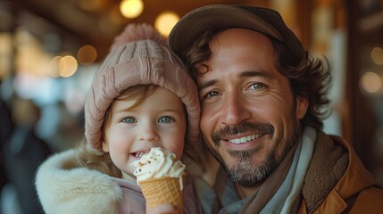 Dad and daughter having fun together, eating an ice cream, vanilla, crispy topping, winter time,...