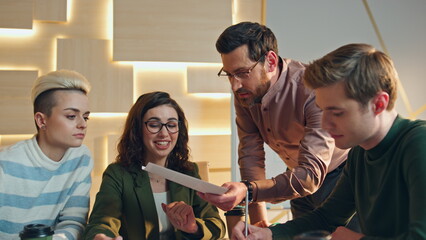 Group corporate employees discussing work project conference room. Team talking