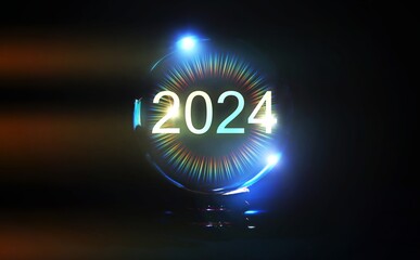 Illuminated 2024 Crystal Ball with Light Spectrum : An enigmatic crystal ball glowing with a spectrum of light around the numbers 2024, symbolizing futuristic insight and clarity.