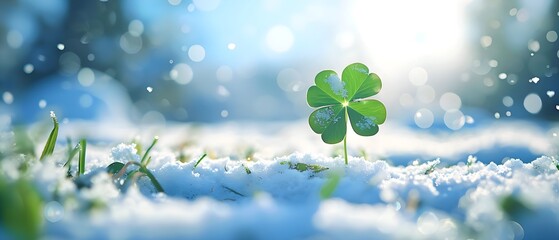 Single good luck four-leaf clover in meadow with snow an with copy space for text. Vertical Background banner for best wishes and unique, rare, strong and special individual concept. - obrazy, fototapety, plakaty