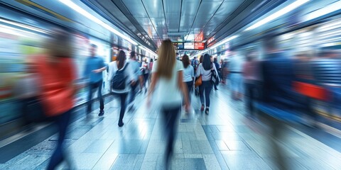 Group of people walking, metro background, motion blur