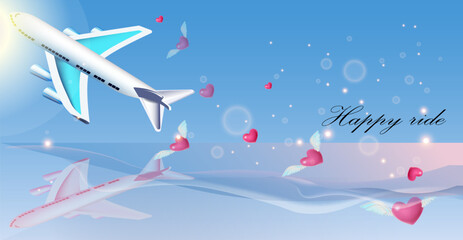 Fototapeta na wymiar Time to travel, rmantic banner design template with an airplane surrounded by cute hearts and clouds
