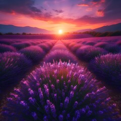 Majestic Sunset Over Vibrant Lavender Fields With Mountain Backdrop in Summer
