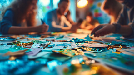 Naklejka premium Professional Team at a Nighttime Business Meeting, Creative Work in a Modern Restaurant, Blurred Vintage Ambiance