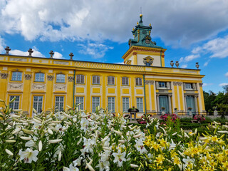WARSAW, WILANOW, POLAND July 11, 2023 : gardens and flower beds in park Royal Wilanow Palace in...
