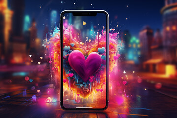 A smartphone with colorful hearts emanating from it symbolizes a person's imagination while using mobile apps for online dating.