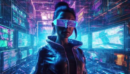 Futuristic Woman with Holographic Glasses in a Data Space. A woman with glowing holographic glasses stands amidst a vibrant data space filled with digital screens and neon lights