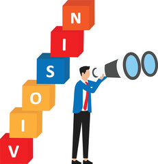 Businessman looking vision word on stairs to success concept
