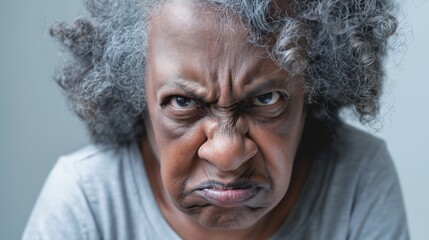 Angry belligerent black senior woman looking at the camera - obrazy, fototapety, plakaty