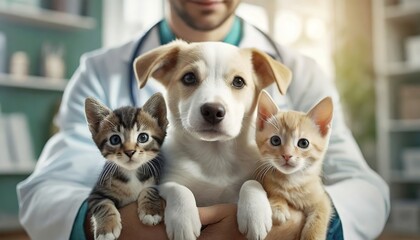 Veterinarian's Care: Embracing the Essence of Pet Love. A veterinarian holds a puppy and two kittens, showcasing a professional bond and affection between humans and animals