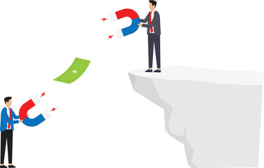 Business man and woman holding a big magnet and attracting money. Investment attraction concept,
