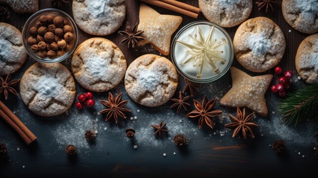  a table topped with cookies covered in powdered sugar next to cinnamon sticks and star anisette cookies on top of a table.