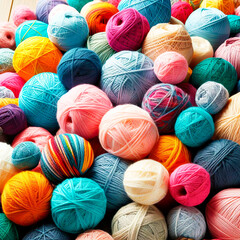 Colorful balls of yarn. They are arranged in a chaotic manner on a wooden surface, reminiscent of a needlework or knitting environment. AI Generation.