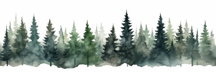 Watercolor Tree Line of Sequoia on White Background Generative AI