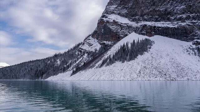 Relaxing beside a peaceful lake in a cold winter after snow. clear water lapping gently on the surface. white snow covered part of a Rocky mountain in Alberta Canada national park. touristic place 