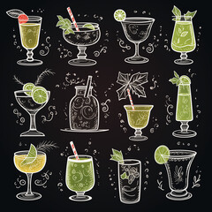 a white chalk board design sheet different christmas coctails, chalkboard sketch cocktail bar syle, black background