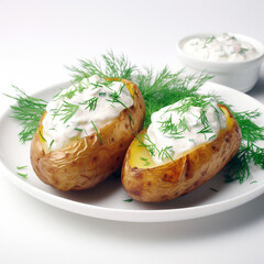 baked potatoes with yogurt sauce and dill, white background